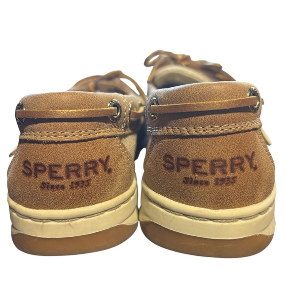 Sperry Top Sider ANGELFISH Tan Leather Gold Sparkle Linen Boat Shoes 7.5 women - Picture 3 of 8
